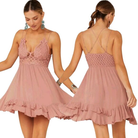 Free People One Adella Slip Dress Rose Pink Boho Lace Crochet Lacey XS - Picture 3 of 16